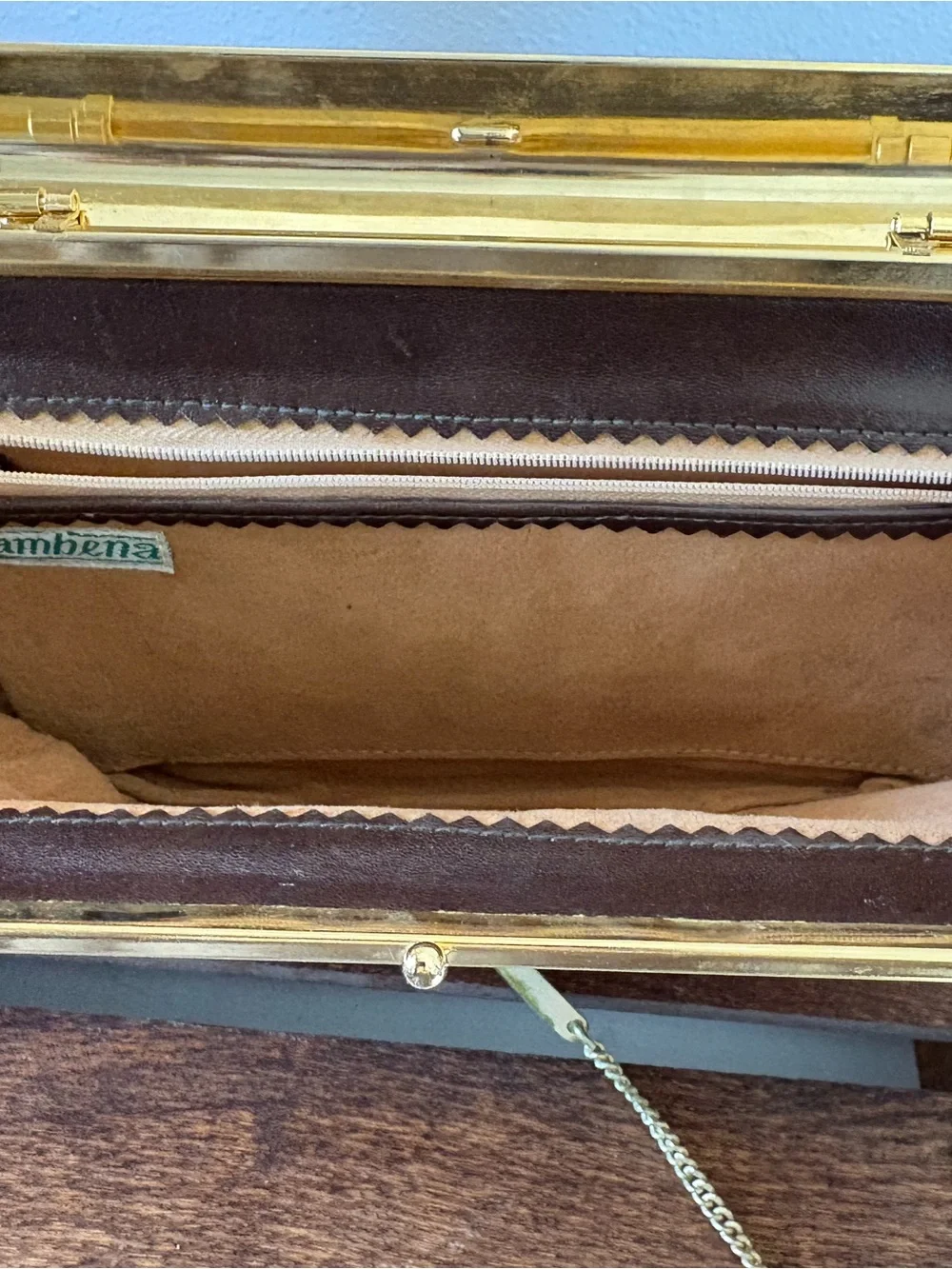 Vintage Sambena brown leather gold chain kiss lock clutch or shoulder bag